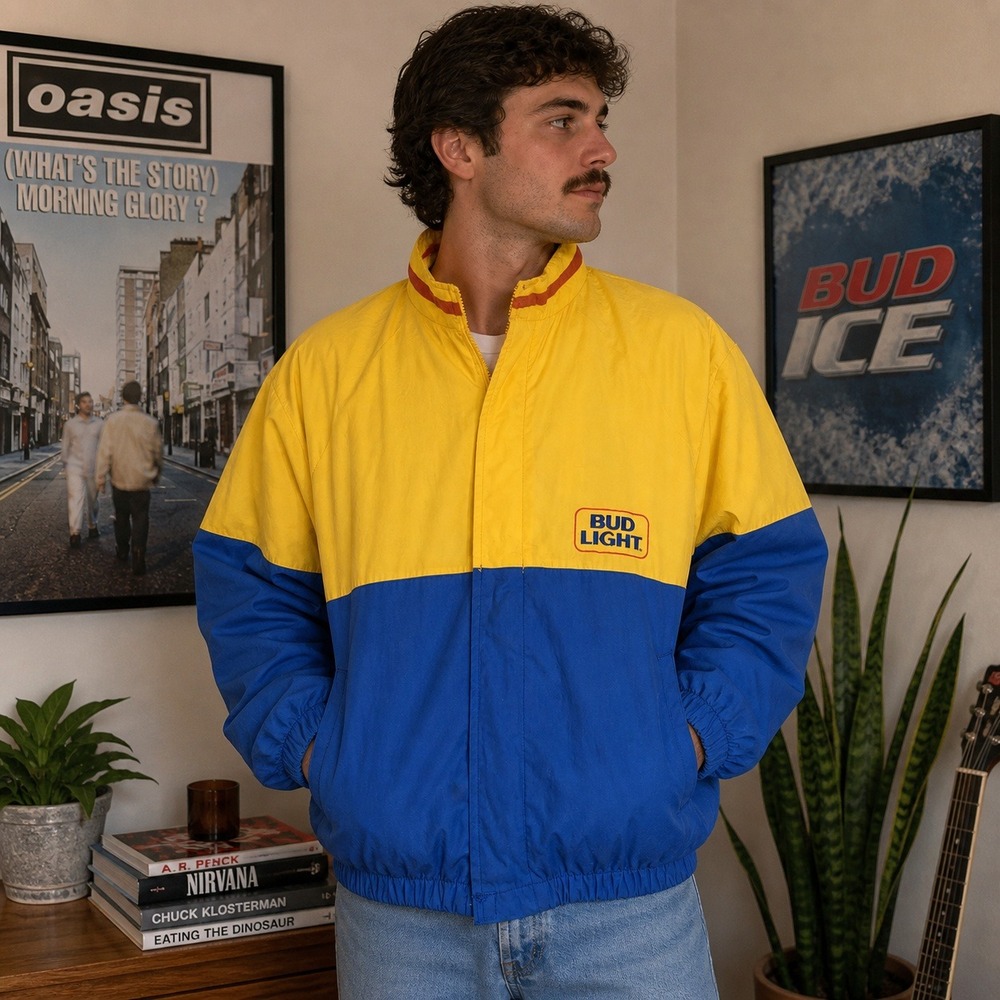 Vintage Bud‎ Light Colorblock Jacket USA Made Blue Yellow Windbreaker Men's XL